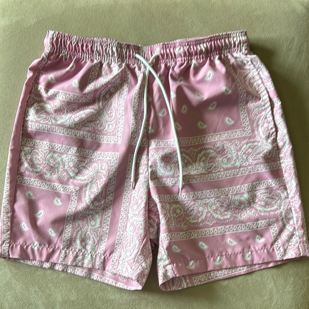 SHEIN Pink and White Swim Trunks with Elastic Waistband